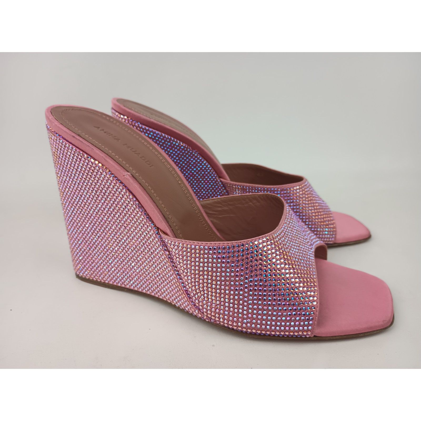 Amina Muaddi Women's Pink Lupita Crystal Satin Wedge Sandals Size 40